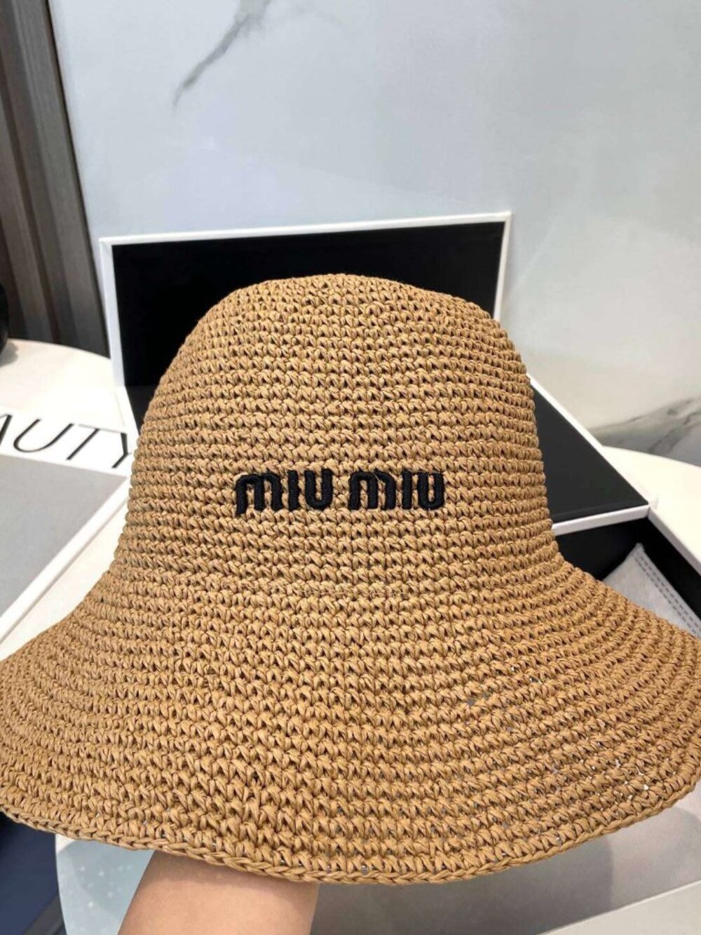 Miu Miu Woven Straw Wide-Brim Bucket Hat